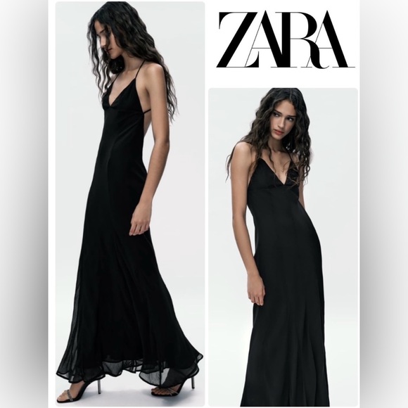 Last one 🚨Zara STRAPPY GAUZE Maxi Dress V-neck Open back strap Lining M NWT - Picture 2 of 13